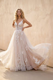A-Line Lace White Sweep Train Sleeveless Backless Wedding Dress