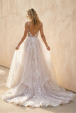 A-Line Lace White Sweep Train Sleeveless Backless Wedding Dress