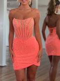 Orange Tight Beaded Strapless Short Corset Mini Party Dresses