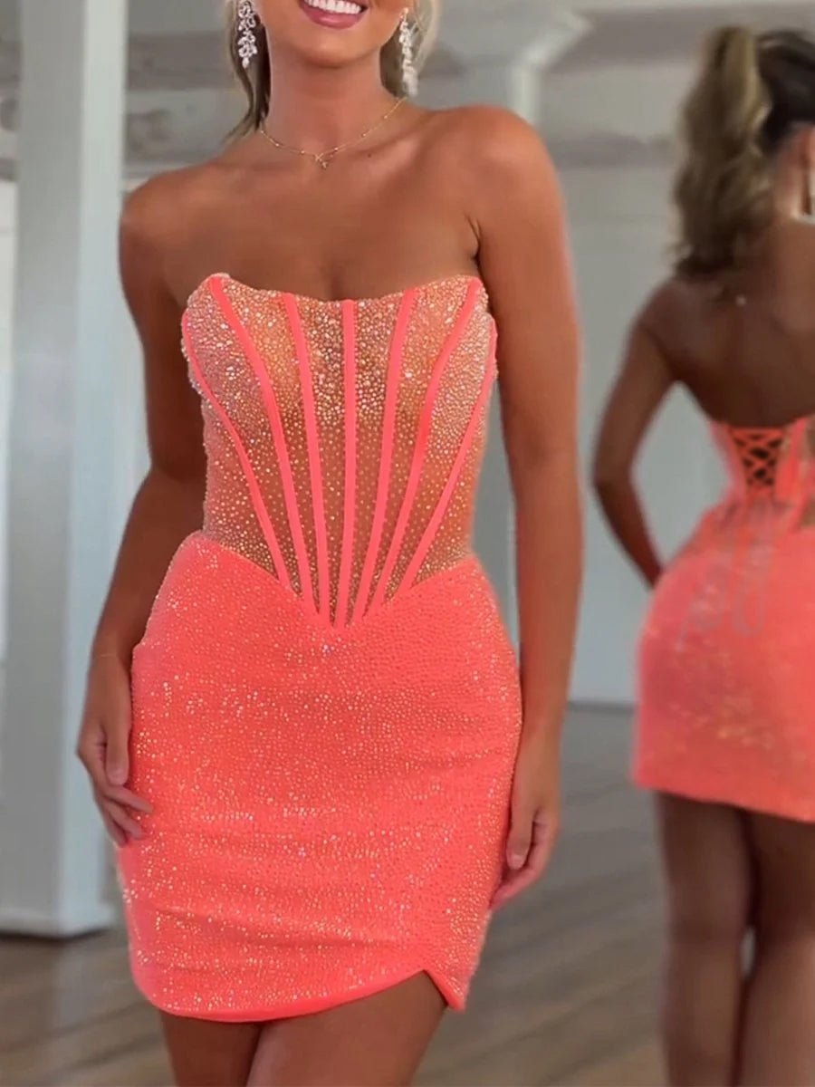 Orange Tight Beaded Strapless Short Corset Mini Party Dresses