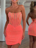 Orange Tight Beaded Strapless Short Corset Mini Party Dresses