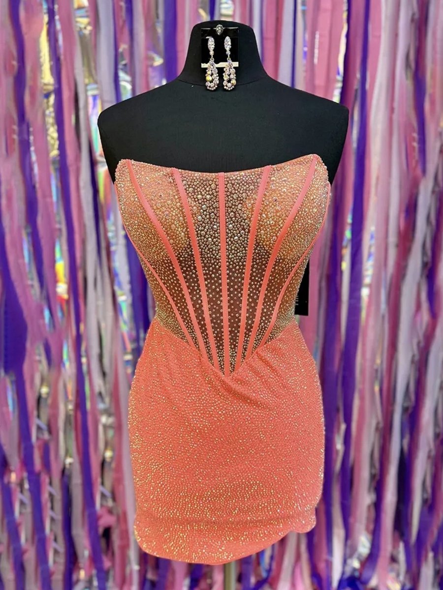 Orange Tight Beaded Strapless Short Corset Mini Party Dresses