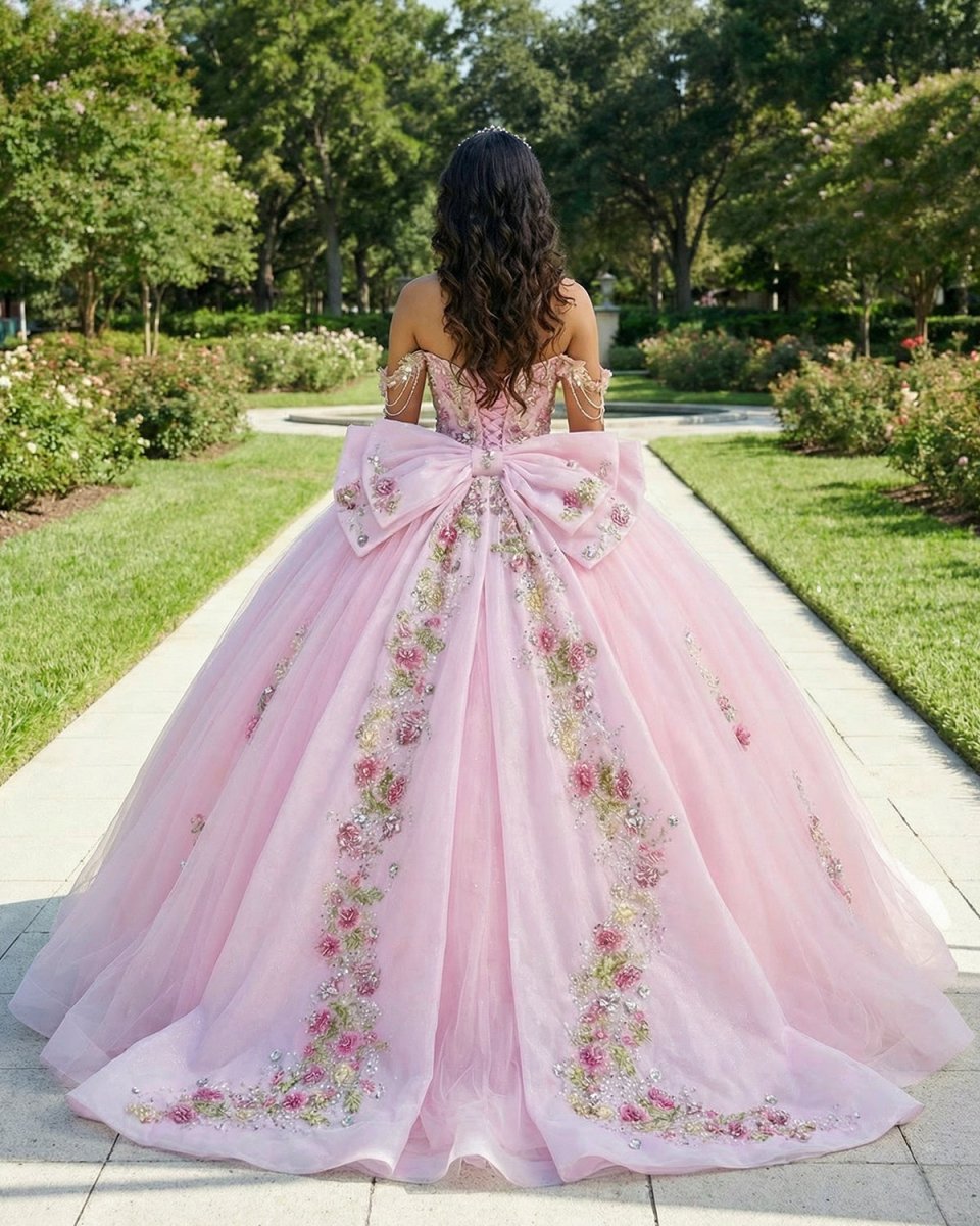 Pink - Off-The-Shoulder Tulle Appliqued Quinceanera Dress With Bow