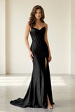 Red Strapless Mermaid Satin Beaded Long Formal Prom Dresses With Slit
