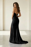 Red Strapless Mermaid Satin Beaded Long Formal Prom Dresses With Slit