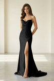 Red Strapless Mermaid Satin Beaded Long Formal Prom Dresses With Slit