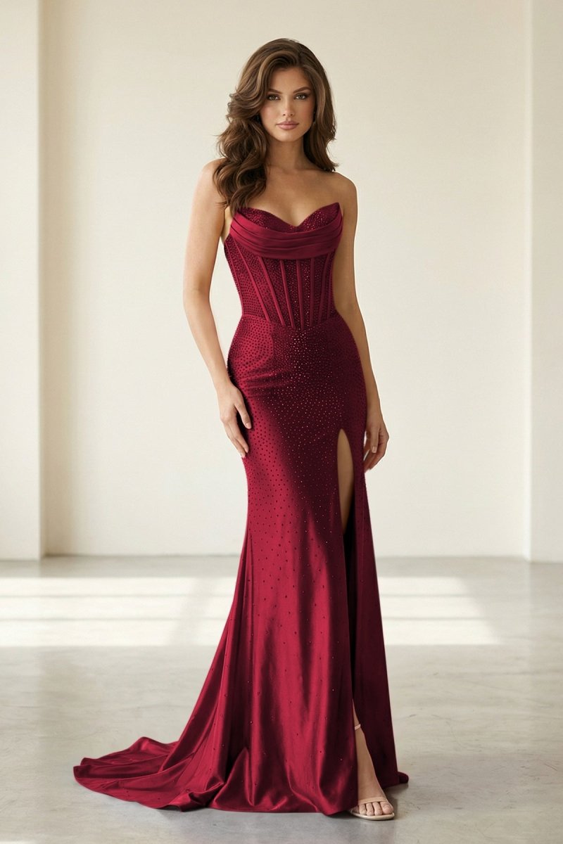 Red Strapless Mermaid Satin Beaded Long Formal Prom Dresses With Slit