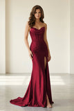 Red Strapless Mermaid Satin Beaded Long Formal Prom Dresses With Slit