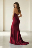 Red Strapless Mermaid Satin Beaded Long Formal Prom Dresses With Slit