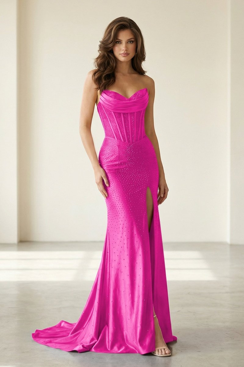 Red Strapless Mermaid Satin Beaded Long Formal Prom Dresses With Slit