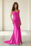 Red Strapless Mermaid Satin Beaded Long Formal Prom Dresses With Slit