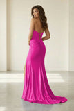 Red Strapless Mermaid Satin Beaded Long Formal Prom Dresses With Slit