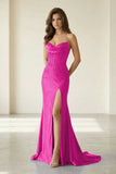 Red Strapless Mermaid Satin Beaded Long Formal Prom Dresses With Slit
