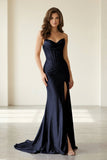 Red Strapless Mermaid Satin Beaded Long Formal Prom Dresses With Slit