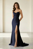 Red Strapless Mermaid Satin Beaded Long Formal Prom Dresses With Slit