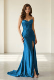 Red Strapless Mermaid Satin Beaded Long Formal Prom Dresses With Slit