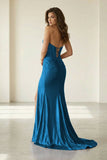 Red Strapless Mermaid Satin Beaded Long Formal Prom Dresses With Slit