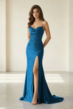 Red Strapless Mermaid Satin Beaded Long Formal Prom Dresses With Slit