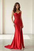 Red Strapless Mermaid Satin Beaded Long Formal Prom Dresses With Slit