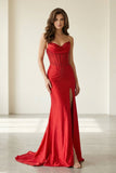 Red Strapless Mermaid Satin Beaded Long Formal Prom Dresses With Slit