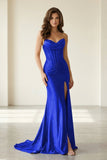 Red Strapless Mermaid Satin Beaded Long Formal Prom Dresses With Slit