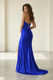 Red Strapless Mermaid Satin Beaded Long Formal Prom Dresses With Slit