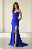 Red Strapless Mermaid Satin Beaded Long Formal Prom Dresses With Slit