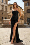 Red Strapless Mermaid Sequins Pleated Formal Prom Dresses With Slit