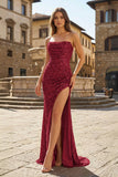 Red Strapless Mermaid Sequins Pleated Formal Prom Dresses With Slit
