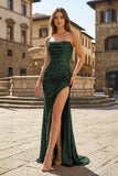 Red Strapless Mermaid Sequins Pleated Formal Prom Dresses With Slit