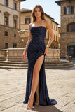 Red Strapless Mermaid Sequins Pleated Formal Prom Dresses With Slit