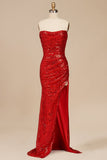 Red Strapless Mermaid Sequins Pleated Formal Prom Dresses With Slit
