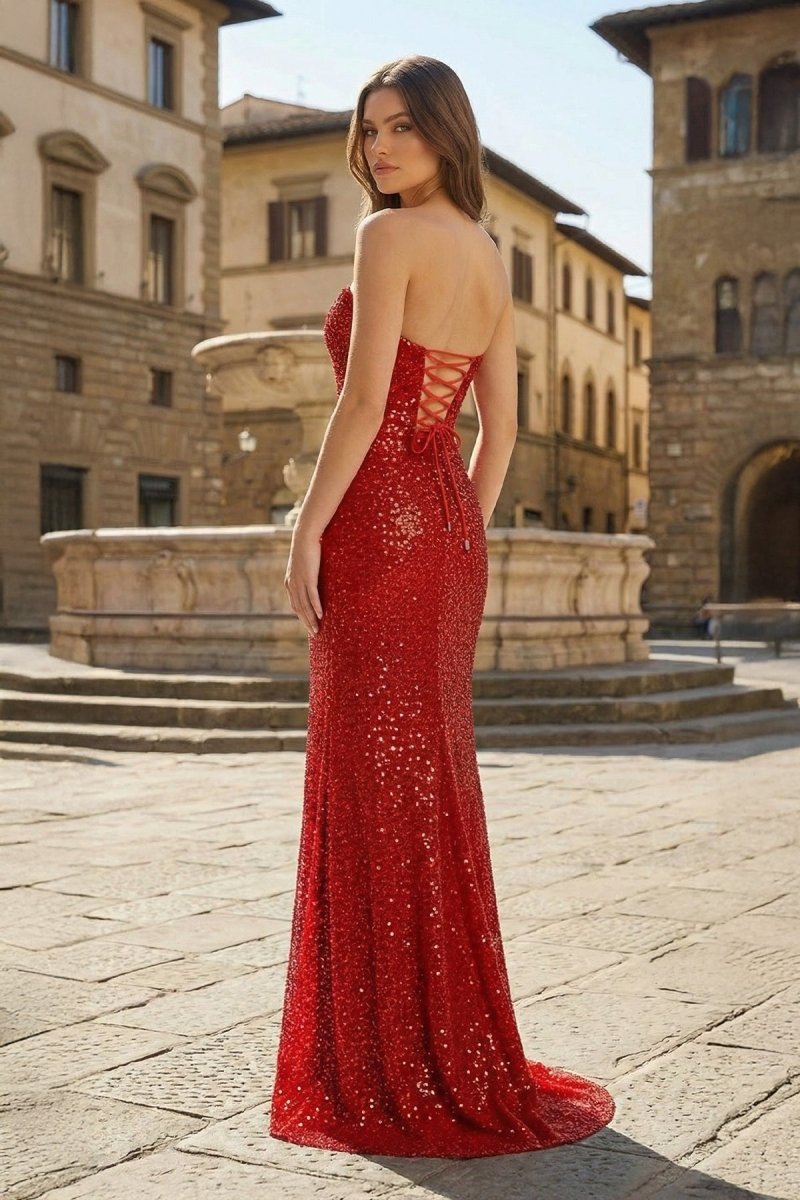 Red Strapless Mermaid Sequins Pleated Formal Prom Dresses With Slit
