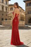 Red Strapless Mermaid Sequins Pleated Formal Prom Dresses With Slit