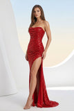 Red Strapless Mermaid Sequins Pleated Formal Prom Dresses With Slit