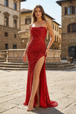Red Strapless Mermaid Sequins Pleated Formal Prom Dresses With Slit