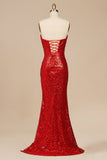 Red Strapless Mermaid Sequins Pleated Formal Prom Dresses With Slit