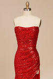 Red Strapless Mermaid Sequins Pleated Formal Prom Dresses With Slit