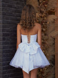 White - A Line Strapless Glitter Tulle Ruffled Homecoming Dresses with Bow