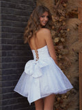 White - A Line Strapless Glitter Tulle Ruffled Homecoming Dresses with Bow