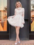 Short White A-Line Illusion Neck Long Sleeves Lace Wedding Dresses