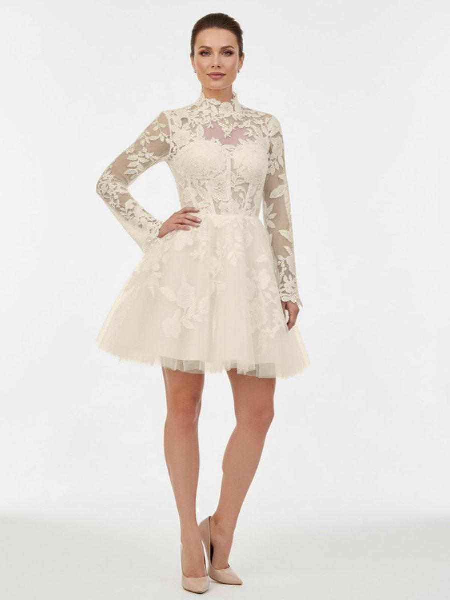 Short White A-Line Illusion Neck Long Sleeves Lace Wedding Dresses
