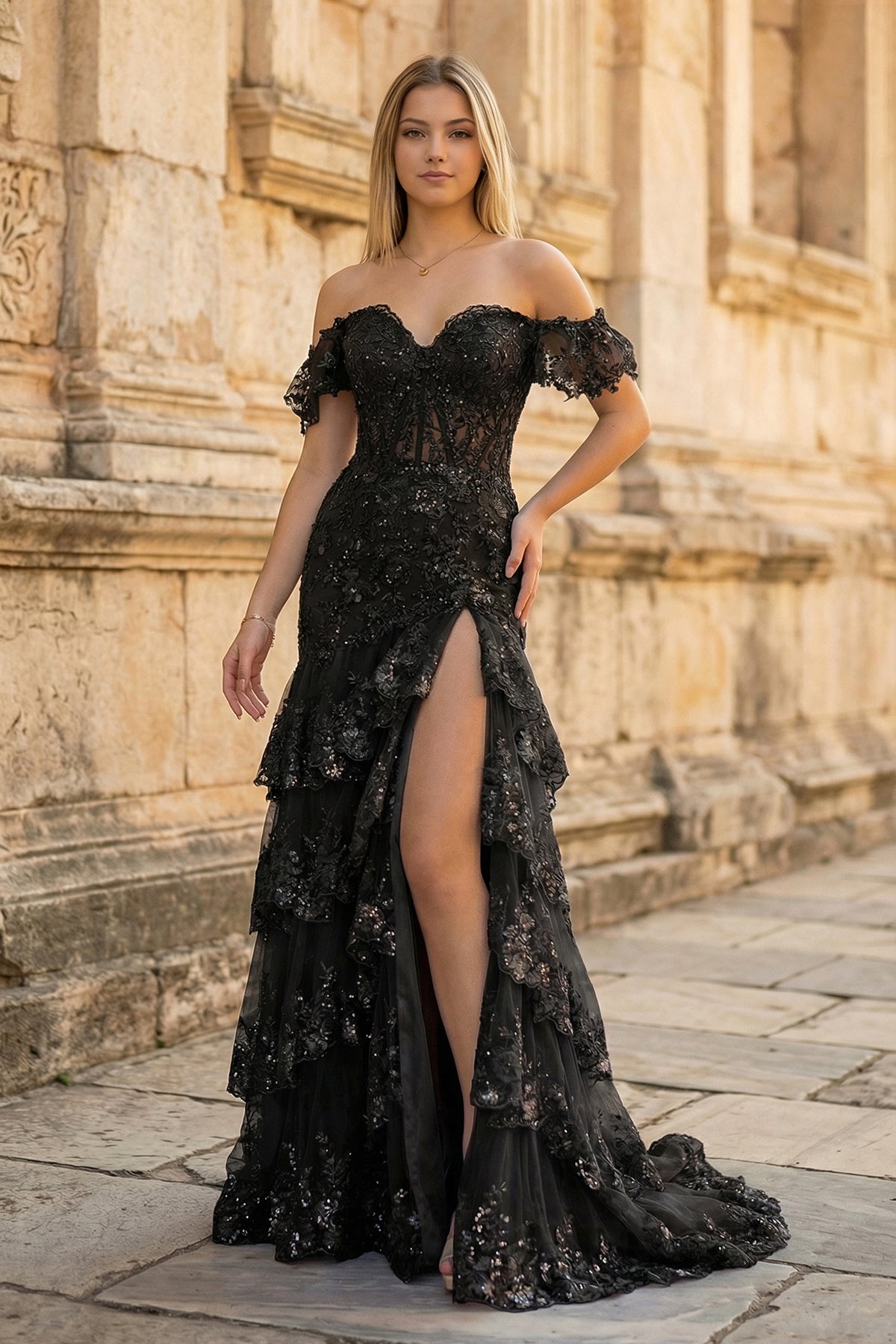 Sheath Off the Shoulder Long Lace Prom Dress (Lace-up Back)