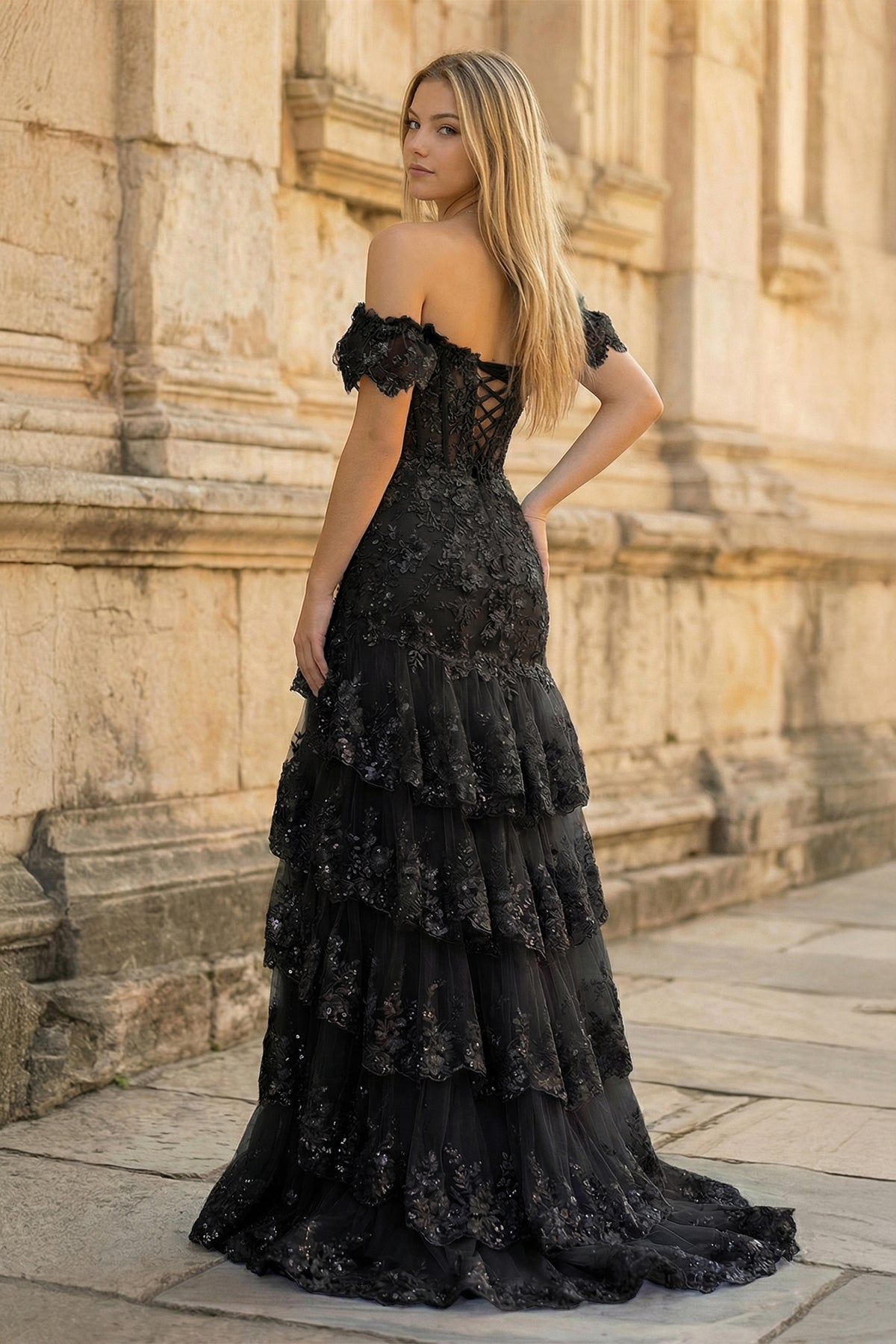 Sheath Off the Shoulder Long Lace Prom Dress (Lace-up Back)