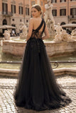 Light Yellow One Shoulder 3D Appliques Beading Long Prom Dress with Slit