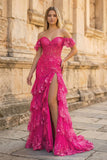 Sheath Off the Shoulder Long Lace Prom Dress (Lace-up Back)