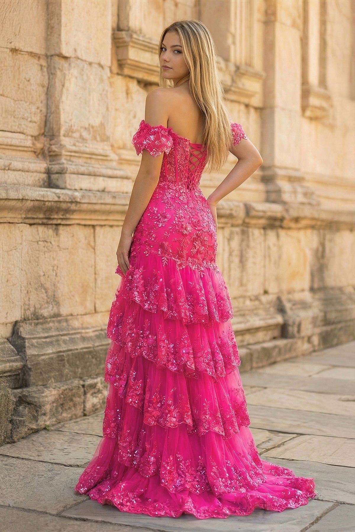 Sheath Off the Shoulder Long Lace Prom Dress (Lace-up Back)