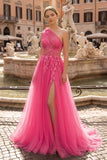 Light Yellow One Shoulder 3D Appliques Beading Long Prom Dress with Slit