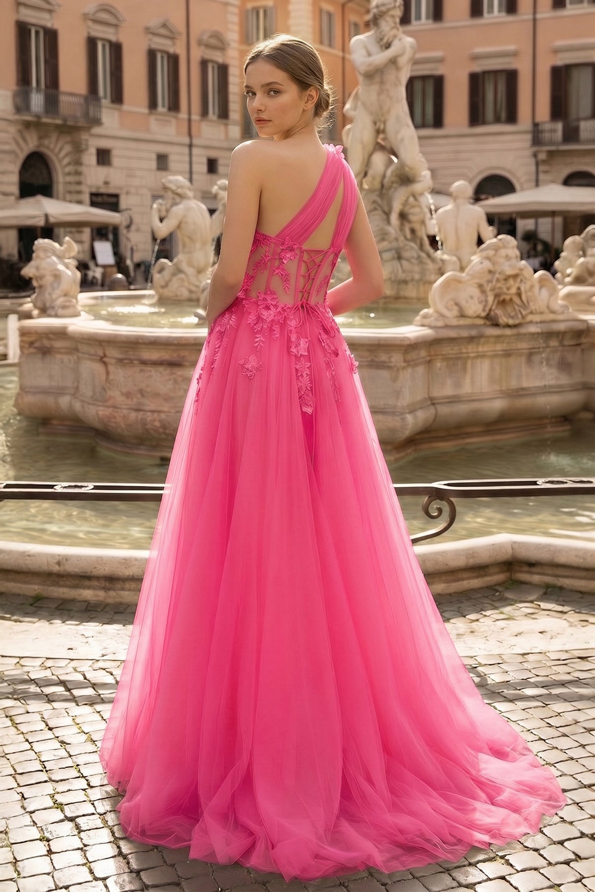 Light Yellow One Shoulder 3D Appliques Beading Long Prom Dress with Slit