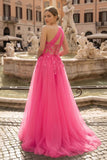 Light Yellow One Shoulder 3D Appliques Beading Long Prom Dress with Slit